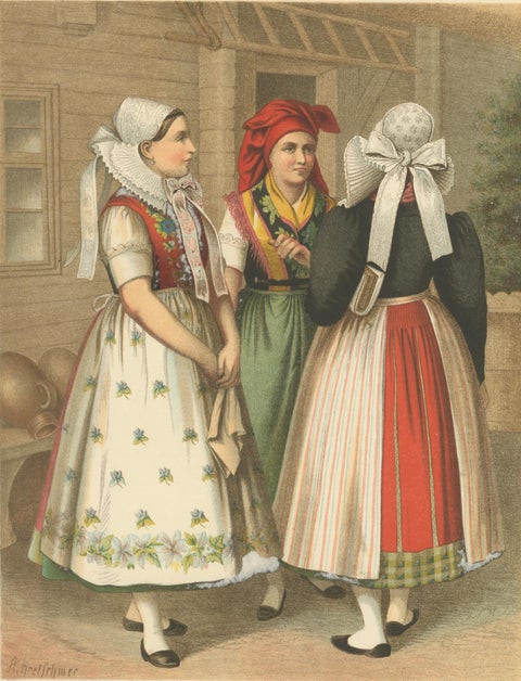Spreewald Folk Costumes, Prussia, Women in Traditional Dress, c.1875, close-up 2