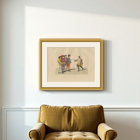 Medieval Messengers & Courtiers, Elegant Hand-Colored Antique Print, France 1845, shown framed on a wall