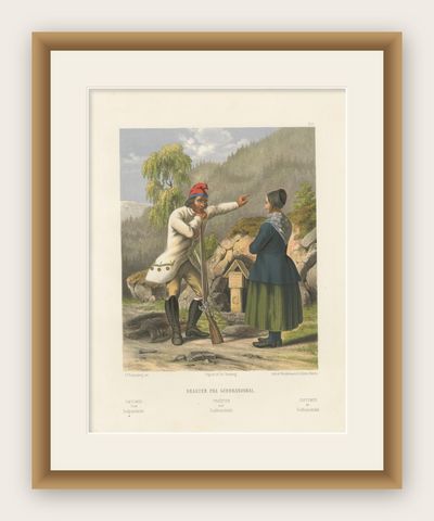 Norwegian Hunter and Woman in Gudbrandsdal Dress, Tonsberg Edition, c.1860, shown framed