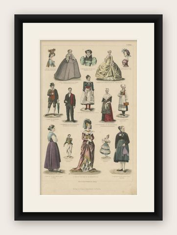 Antique Costume Print Including Costumes of Paris, Amsterdam, Norway and Others, shown framed