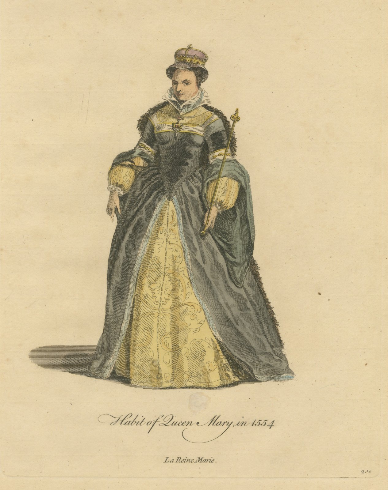 Habit of Queen Mary in 1554, Hand Colored Jefferys Costume Plate, 1757