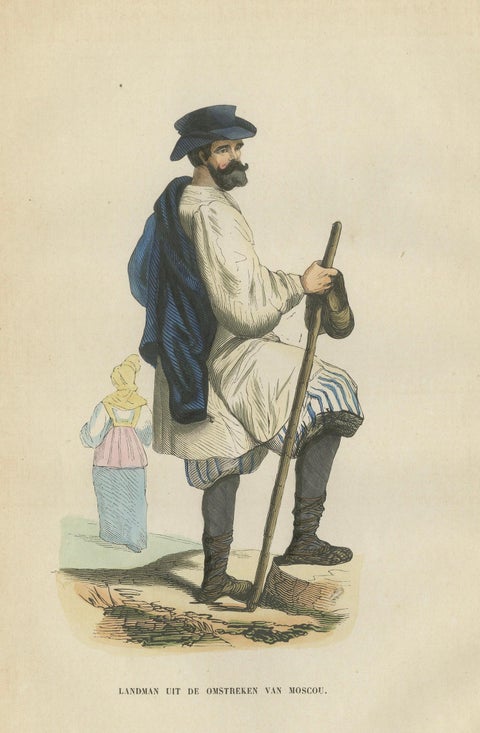 Russian Peasant from the Moscow Region - Antique Costume Lithograph, c.1852, close-up 1