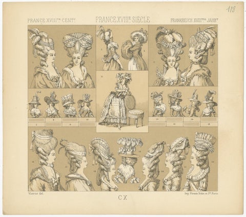 Antique Print of French 18th Century Women's Hats by Racinet, view 2
