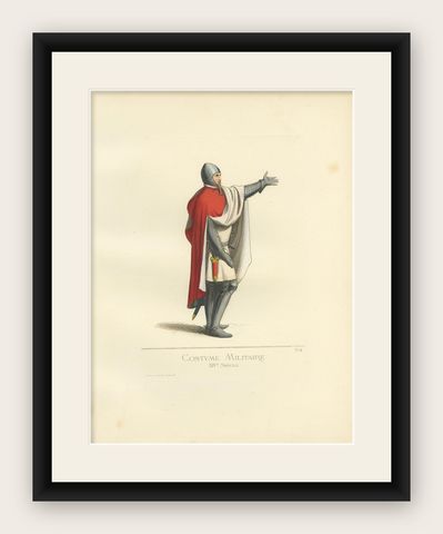 Antique Print of a 14th Century Italian Military Costume by Bonnard, 1860, shown framed