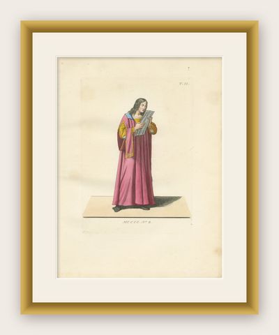 Antique 1845 Hand-Colored Engraving of Medieval Singer in Pink Robe, France, shown framed