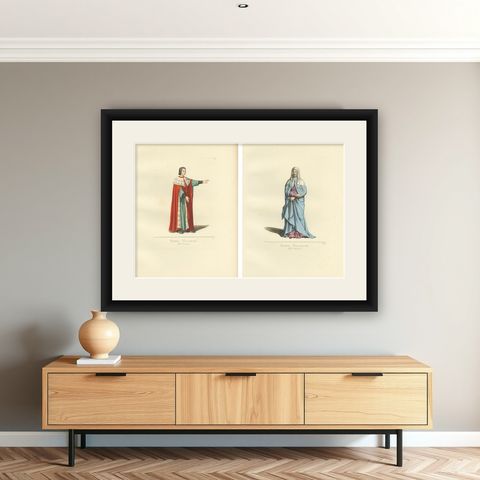 Set of 2 Antique Prints of a Nobleman and Noblewoman from Milan, 'circa 1860', shown framed on a wall
