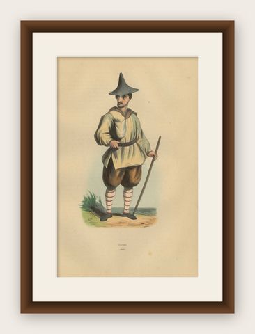 Traditional Korean Attire in 19th Century Hand-Colored Lithograph, shown framed