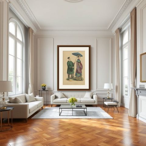 Antique Costume Print of a Chinese Lady and Her Maid by Wahlen, ‘1843’, shown framed in a room