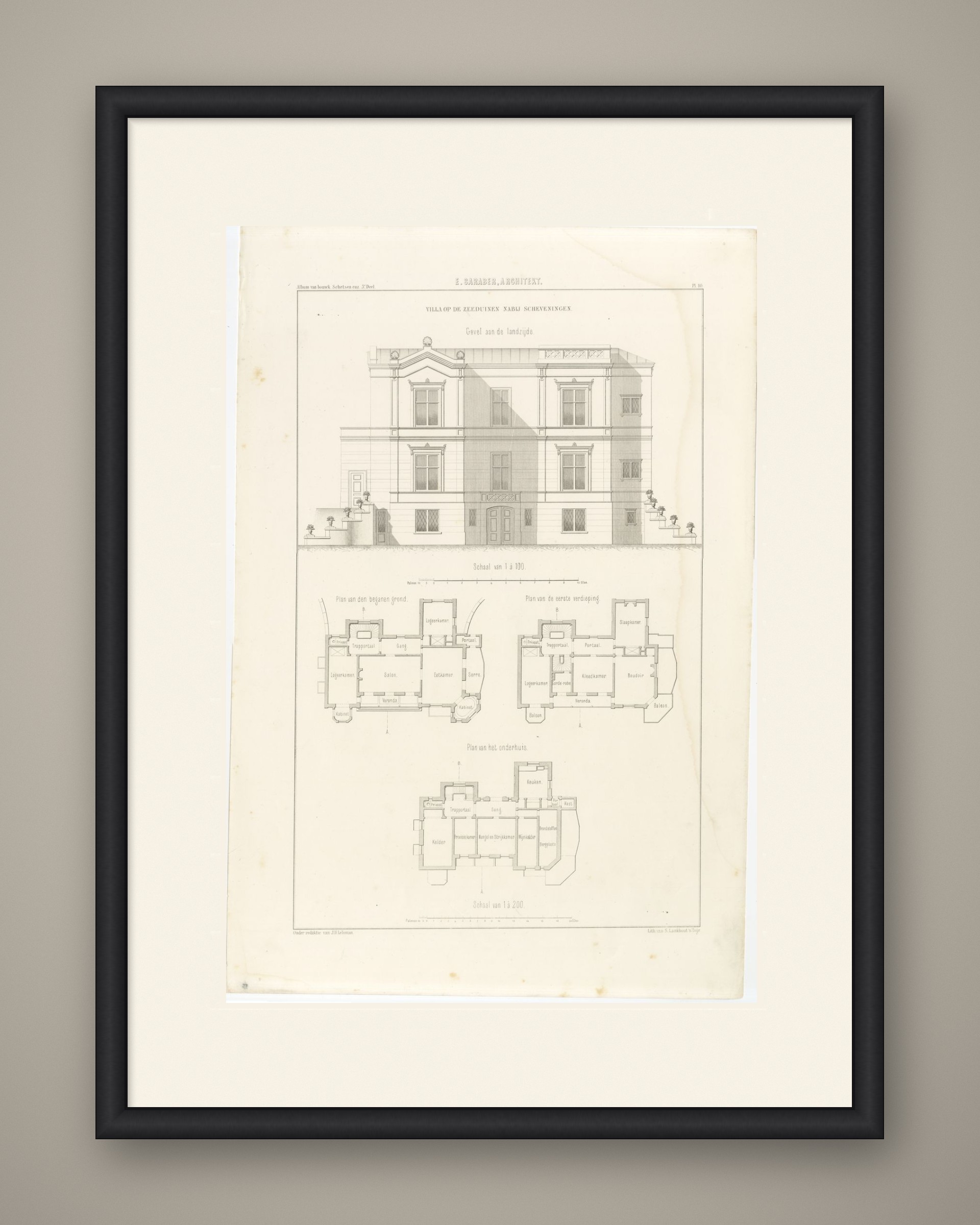 Seaside Villa, Scheveningen Dunes, Dutch Architecture Print, Leliman, 1865-1866, shown framed