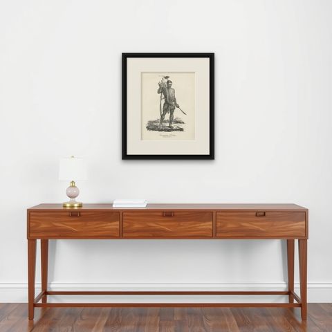 Warrior of Owhyhee (Hawaii) - Anthropophage in War Costume, 1785 Engraving, shown framed on a wall