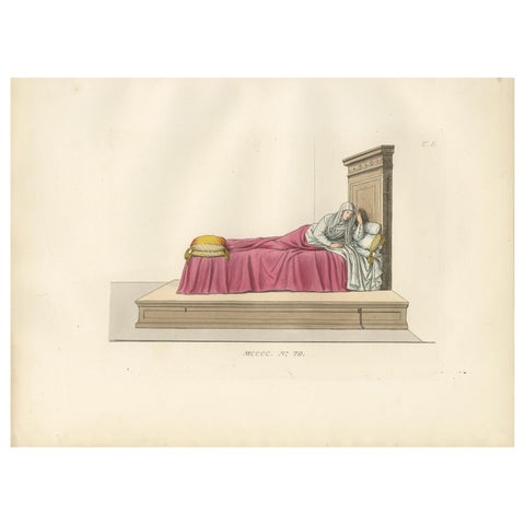 Italian Noblewoman Reclining in Bed, Renaissance Interior Scene, Published 1845