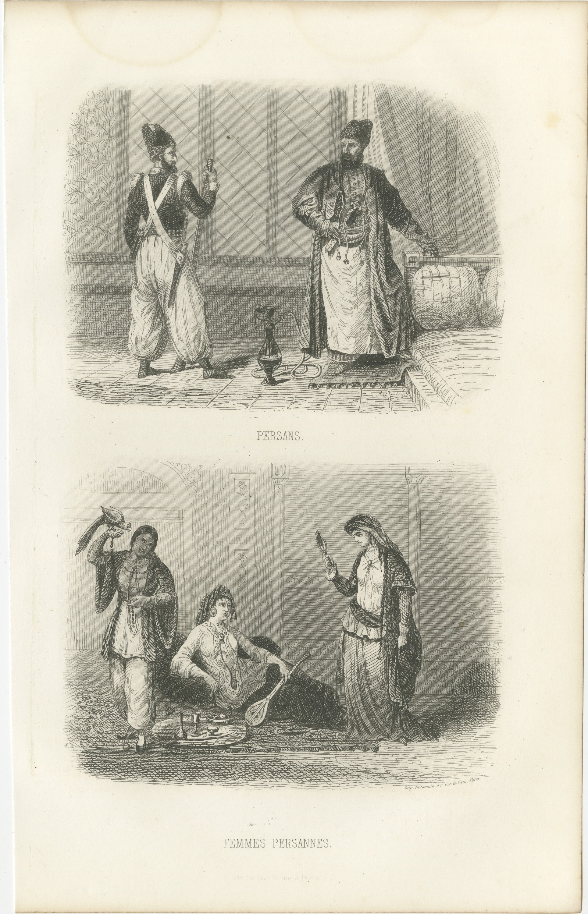 Persian Men and Women in Traditional Dress, Antique Steel Engraving, 1859, view 2