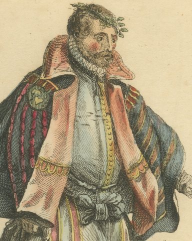 Man of Nuremberg in Striped Cloak and Paned Hose, Costume of 1577, 1757, close-up 1