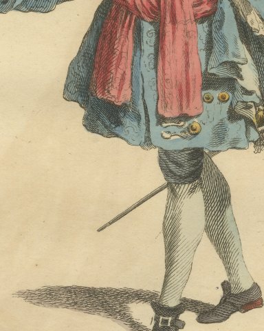 Duke of Burgundy in 1700, Hand Colored Jefferys Costume Engraving, 1757, close-up 3