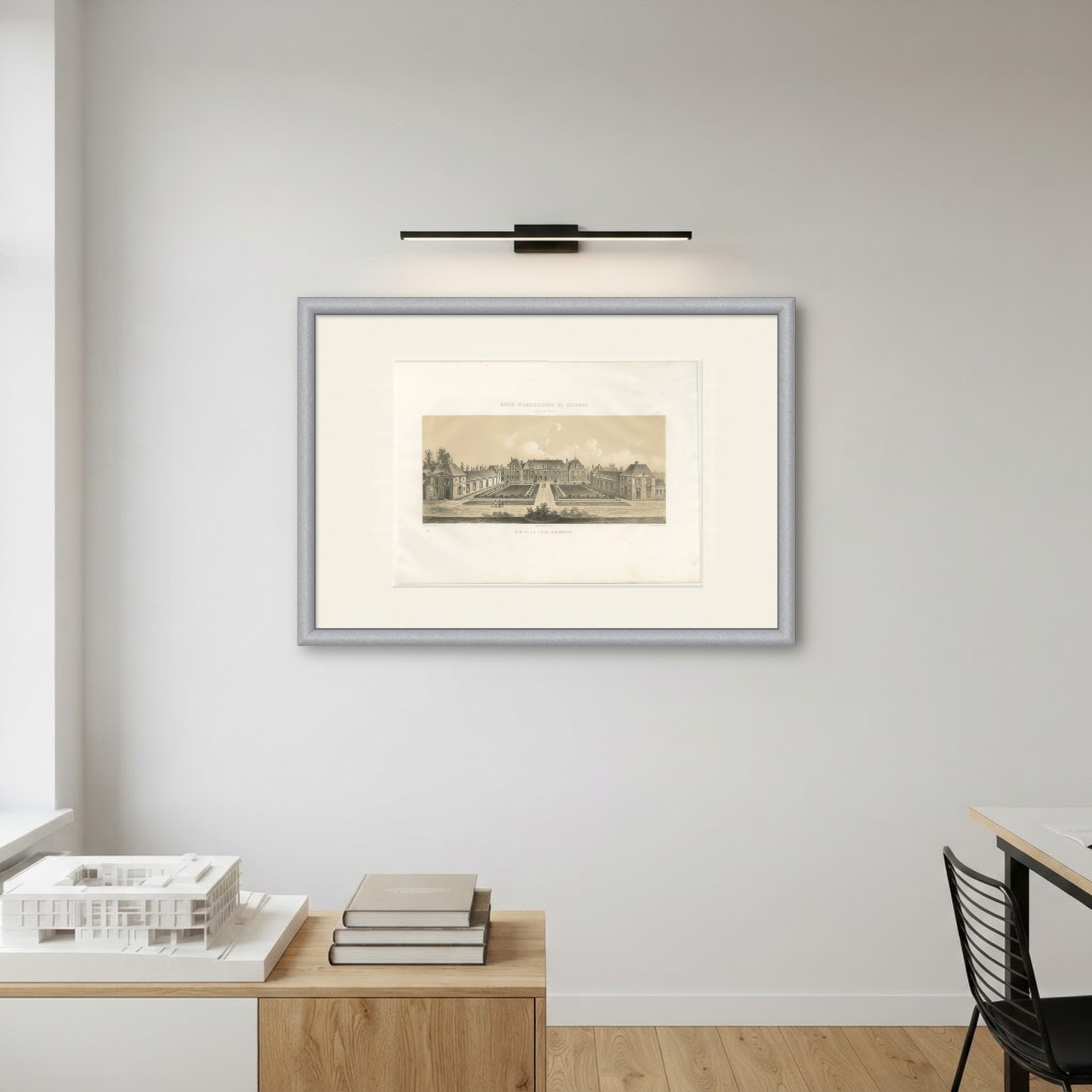 Grignon Agricultural School, Court of Honour, Antique Print, 1873, shown framed on a wall