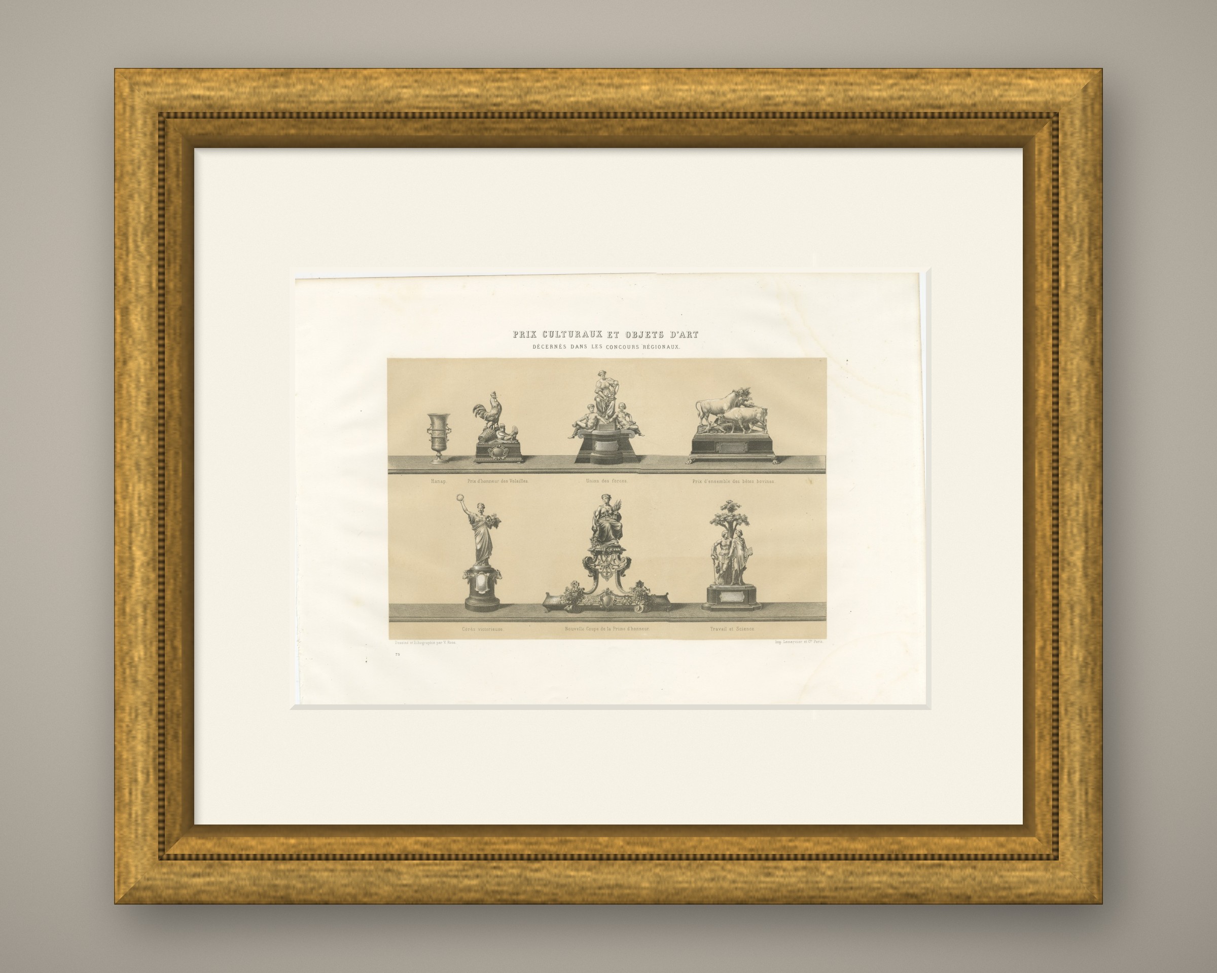 French Agricultural Show Trophies, Antique Silverware Print, 1873, shown framed