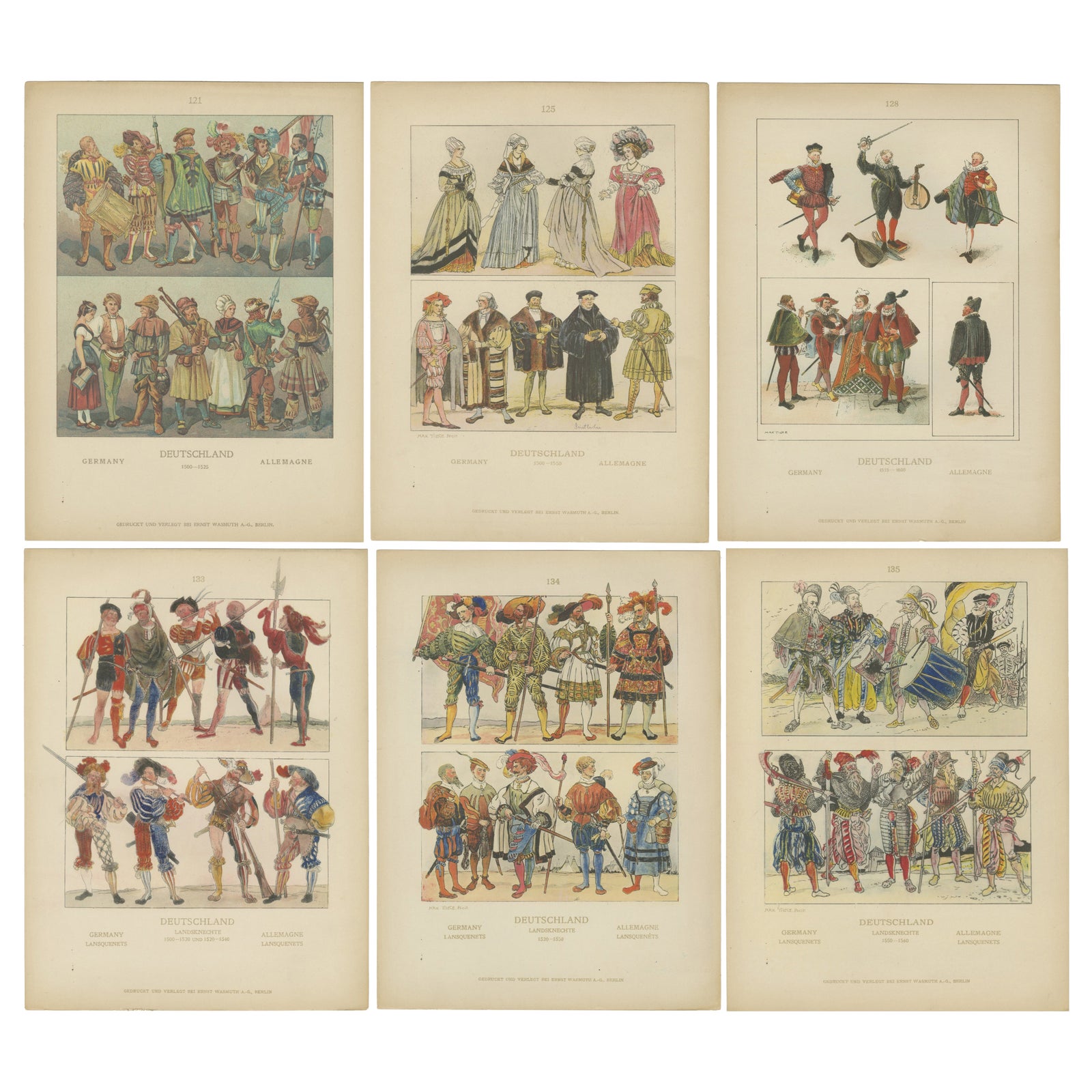 German Renaissance & Landsknecht Costumes 1500s, Set of 6 Antique Prints, 1880