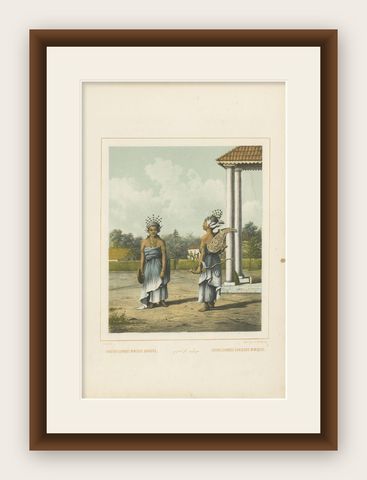 Antique Print of Indonesian Children dressed up as Dancers, Van Pers circa 1850, shown framed