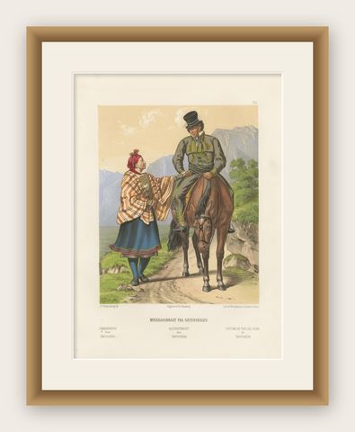 Setesdal Traditional Dress, Daily Wear from Norway, Antique Lithograph, c.1860, shown framed