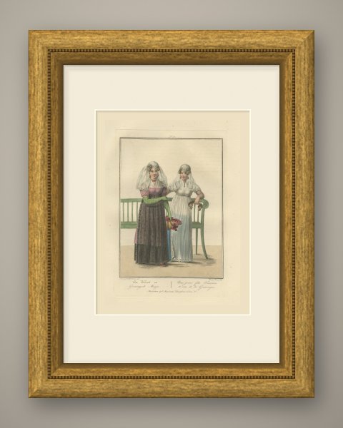 A Frisian and a Groningen Girl, Dutch Regional Dress, Maaskamp, circa 1820, shown framed