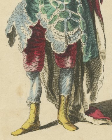 Dorilas in the Tragedy of Merope, Georgian Stage Costume, Jefferys Print, 1757, close-up 3