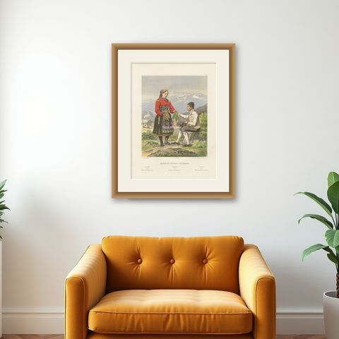 Antique Norwegian Costume Print, Hitterdal in Telemark, circa 1860s, shown framed on a wall