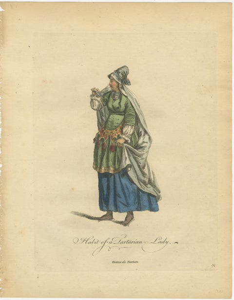 Tartar Princess Costume Study, Elegant Hand-Colored Engraving, 1749, view 2