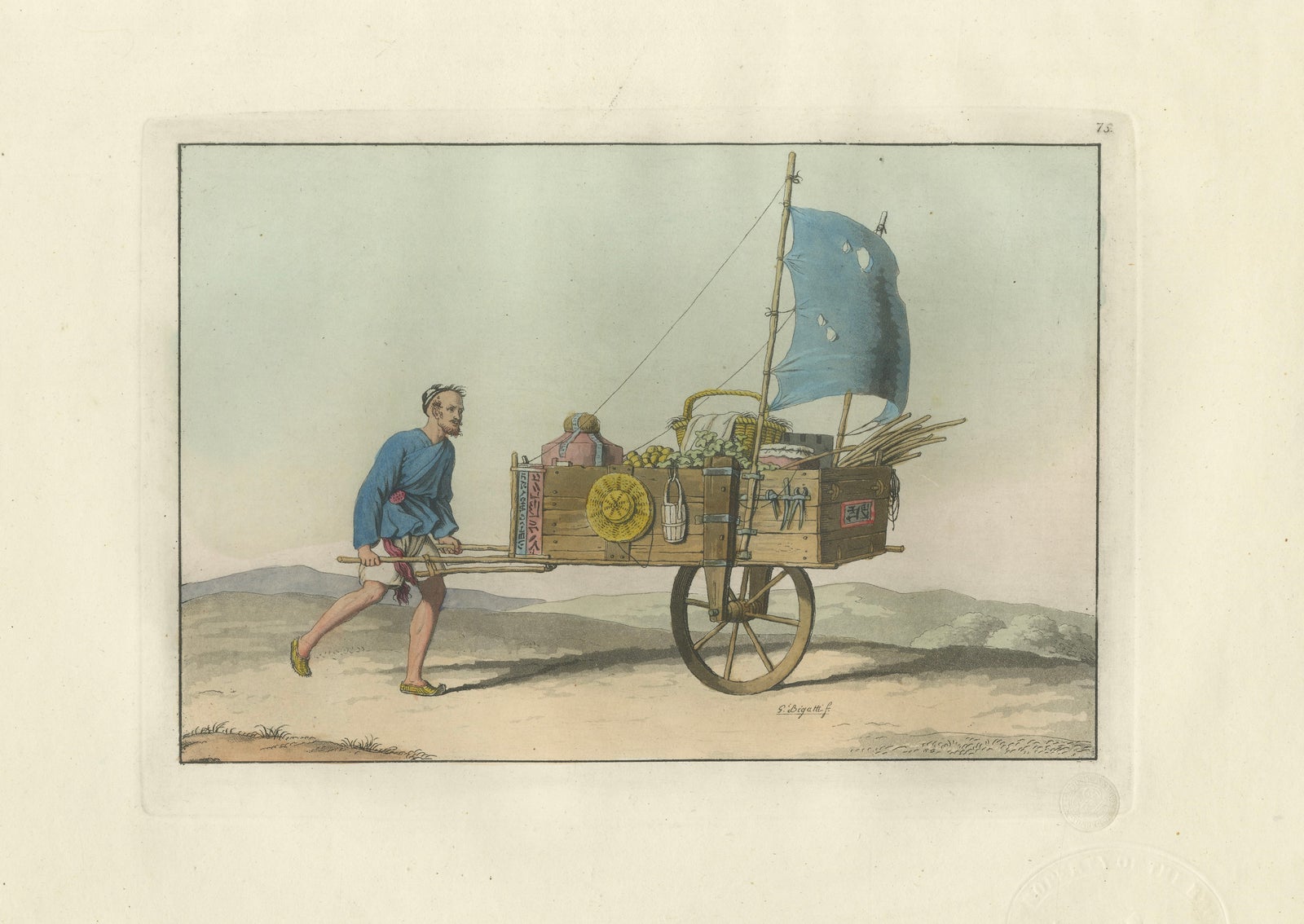 Chinese Wind Chariot Merchant, Ferrario Costume Print, Hand-Colored c.1815