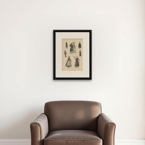 Antique Costume Print of Greece, France, Holland and Others, shown framed on a wall