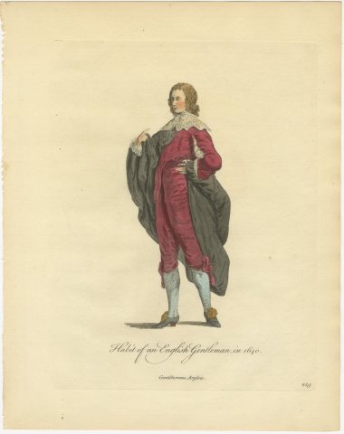 English Gentleman in 1640, Crimson Suit and Black Cloak, Jefferys Print, 1757, view 2