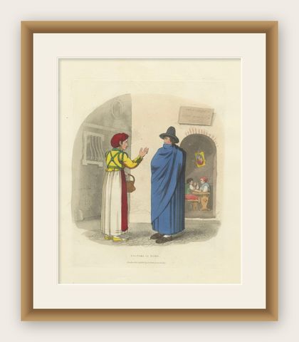 Costume Print: Traditional Dress of Rome, 1820 Hand-Colored Engraving, shown framed