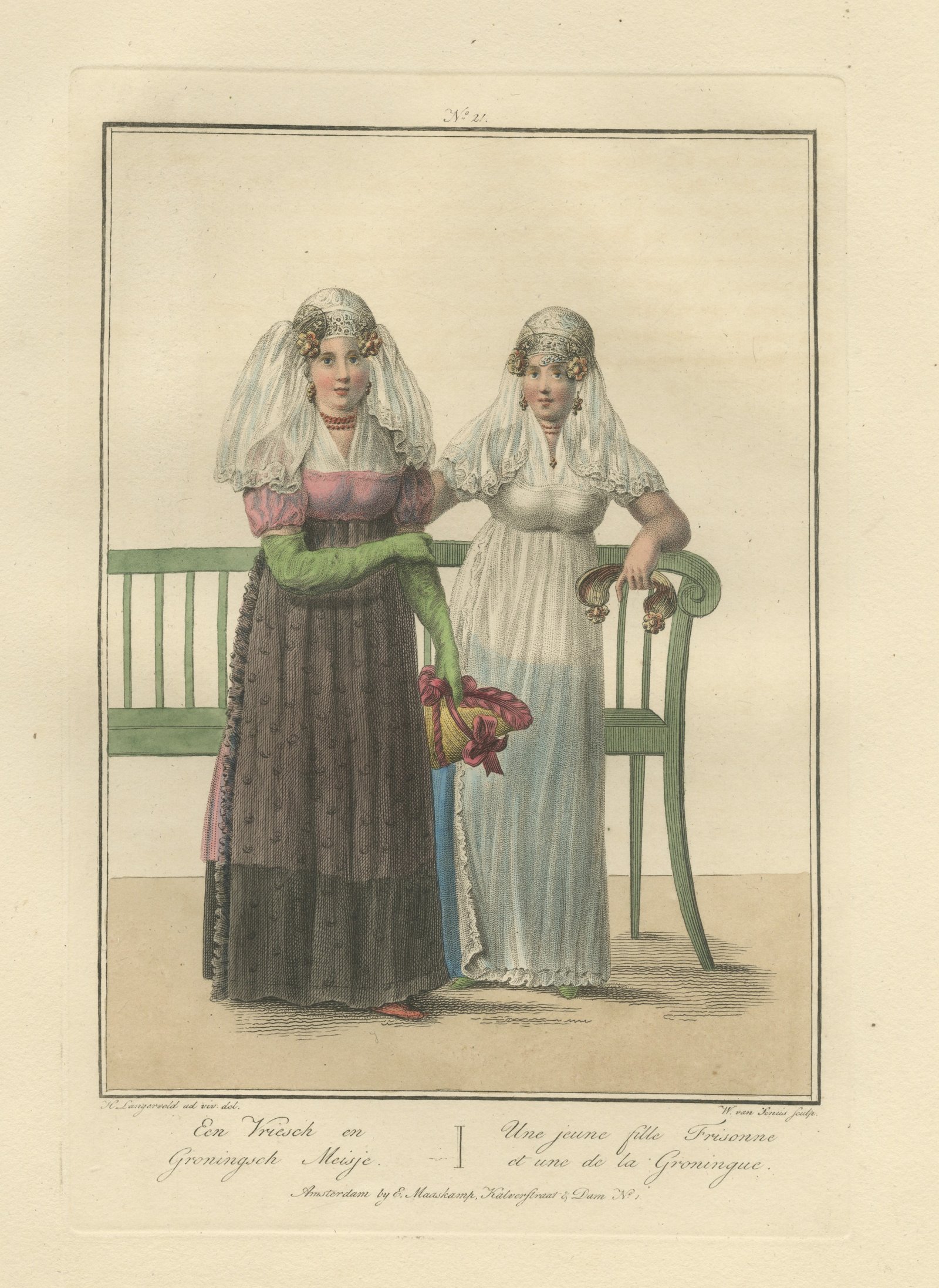 A Frisian and a Groningen Girl, Dutch Regional Dress, Maaskamp, circa 1820