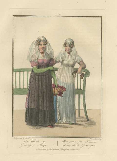 A Frisian and a Groningen Girl, Dutch Regional Dress, Maaskamp, circa 1820