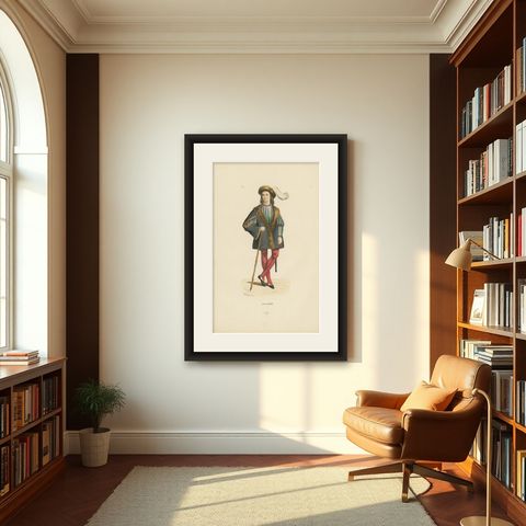 Youthful Elegance: A Young Gentleman's Attire in 'Costume du Moyen Âge', 1847, shown framed in a room