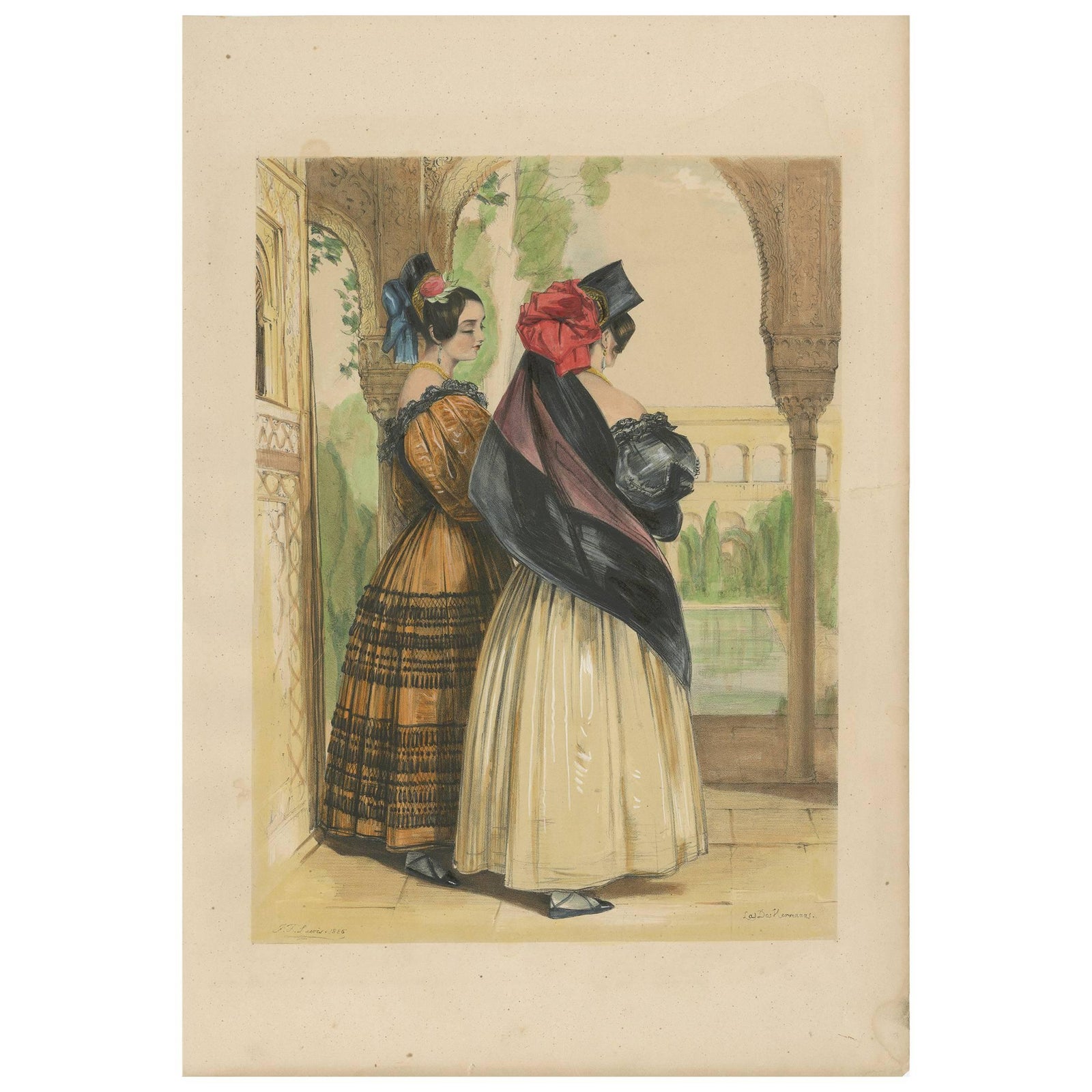 Antique Print of Two Spanish Ladies by J.F. Lewis, 1836