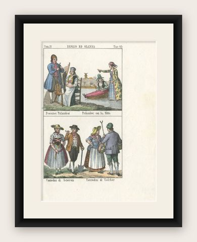 Antique Costume Print of Belgium and the Netherlands by Antonelli, 1842, shown framed