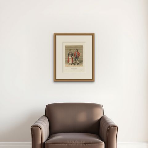 Norwegian Bride and Groom in Hardanger Dress, Antique Print, 1860s, shown framed on a wall