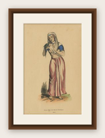Antique Costume Print of a Young Lady of Mount Himalayas by Wahlen '1843', shown framed
