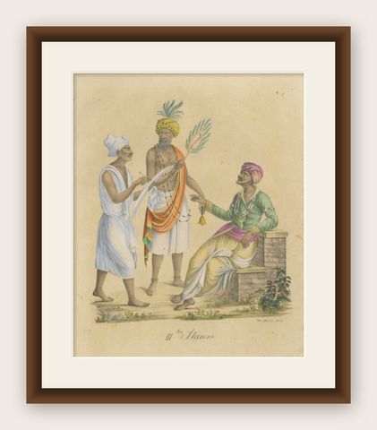 Indian Merchants & Noblemen, Brodtmann Hand-Colored Lithograph, 1816, shown framed