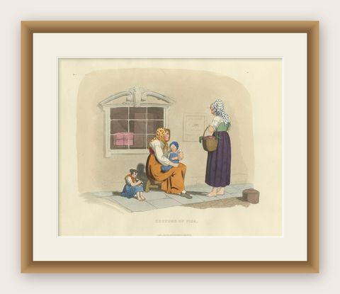 Costume Print: Women and Children in Pisa, 1820s Hand-Colored Engraving, shown framed