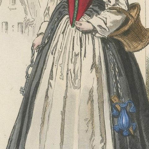 Antique French Costume Print of a Servant in Medieval Dress, 19th Century, close-up 5