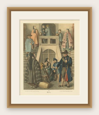 Harz Folk Costumes Chromolithograph Print, Village Scene, c.1875, shown framed