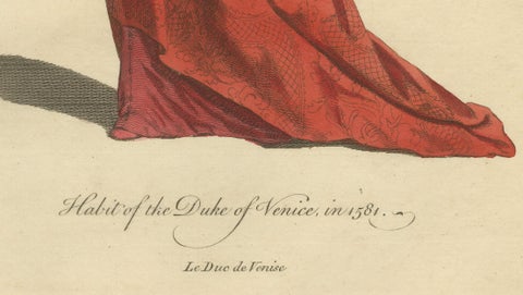 Duke & Duchess of Venice Costume Engravings in 1581, Hand-Colored Pair, 1749, close-up 3
