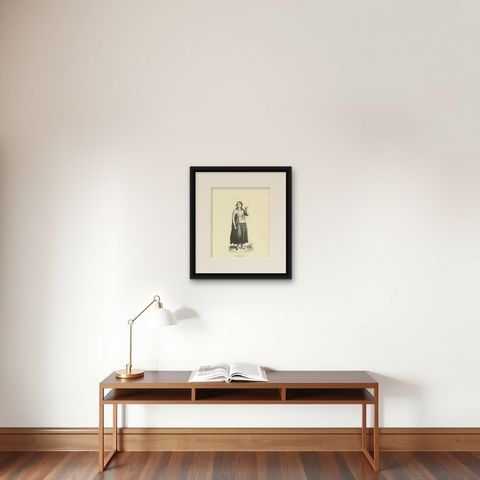 Woman of the Island of Guam, Antique Wahlen Costume Print, 1843-1844, shown framed on a wall