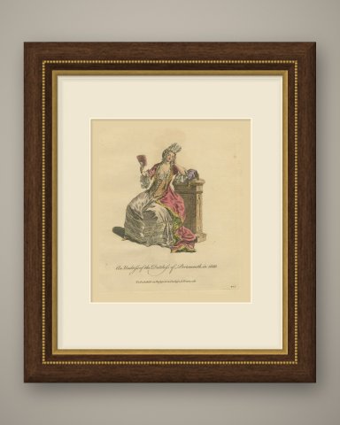 Duchess of Portsmouth in Undress, Seated with Fan, Jefferys Costume Print, 1757, shown framed