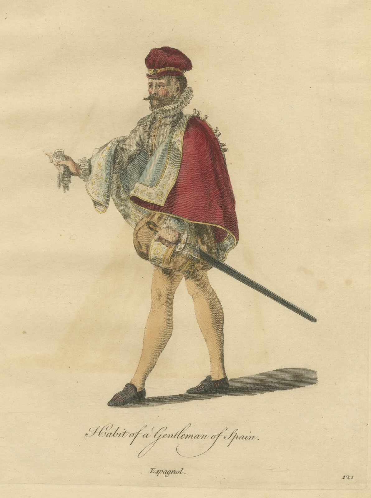 Gentleman of Spain with Crimson Cape and Sword, Jefferys Costume Plate, 1757