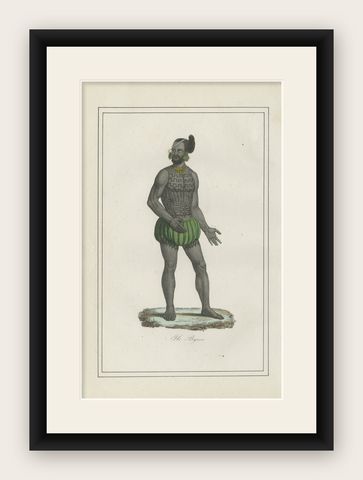 Antique Costume Print of Tattooed Man from Byron Island, 1854, shown framed