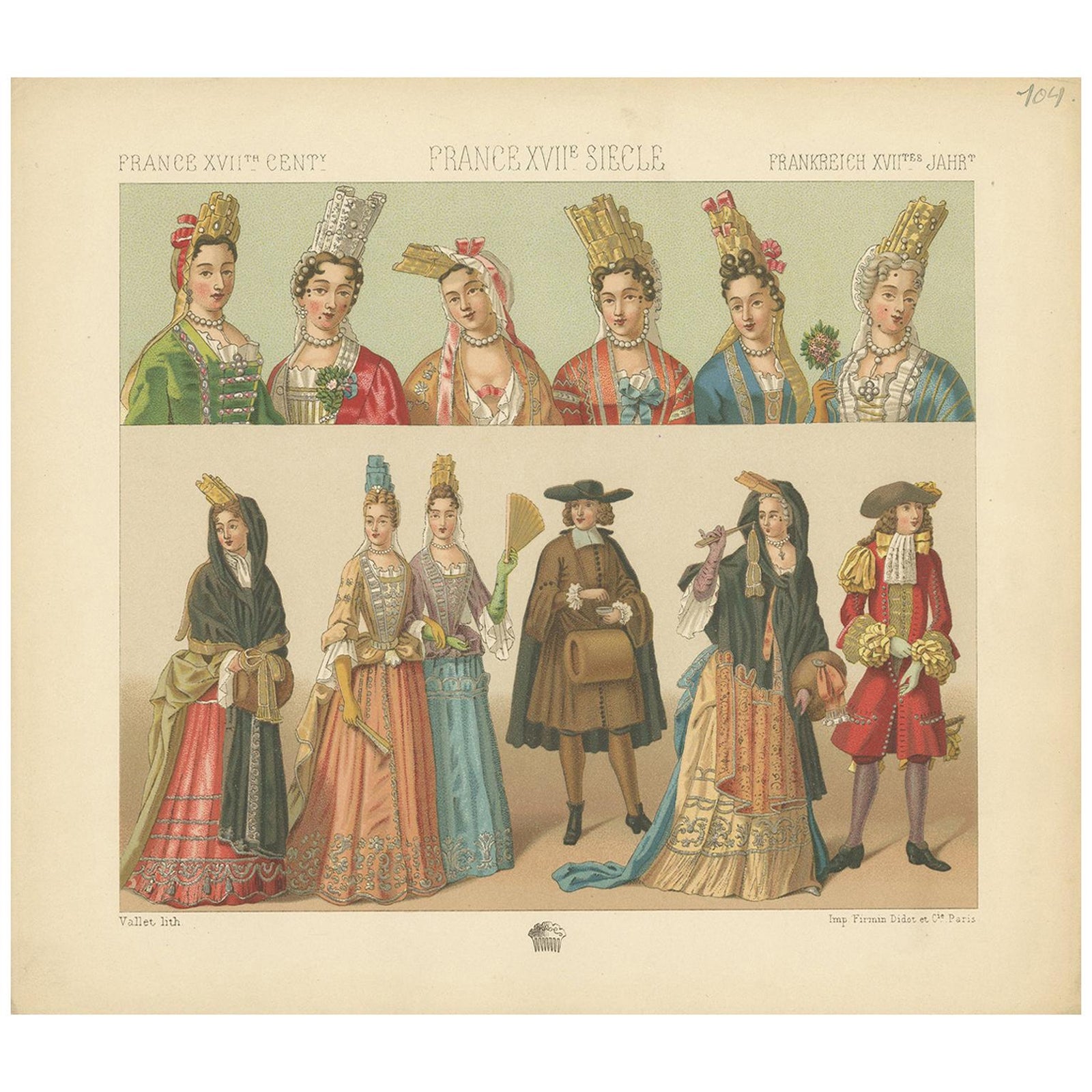 Pl. 104 Antique Print of French 17th Century Costumes by Racinet, circa 1880