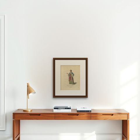 Lady of China in Elegant Court Dress, Antique Print, Jefferys, 1749, shown framed on a wall