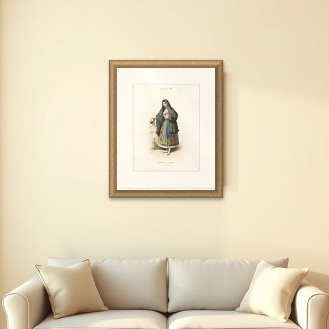 Original Antique Handcolored Print Depicting a Woman from Puebla, Mexico, 1850, shown framed on a wall